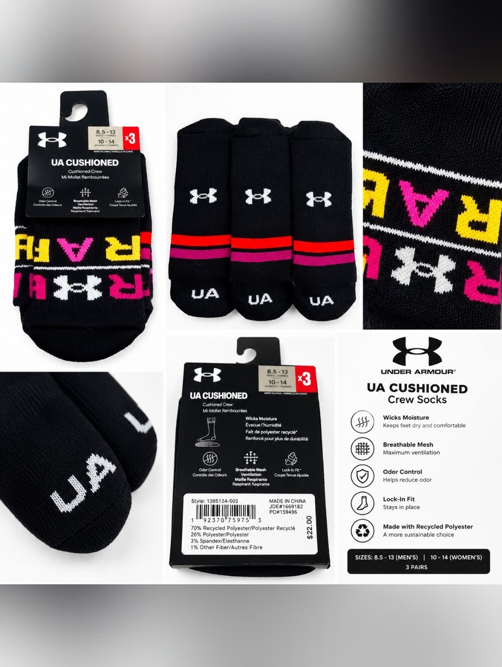 Under Armour Men's Cushioned Crew Socks - Black with Colorful Accents Pack Of 3